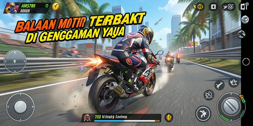Tampilan gameplay menegangkan dari AMS789 saat balapan motor.