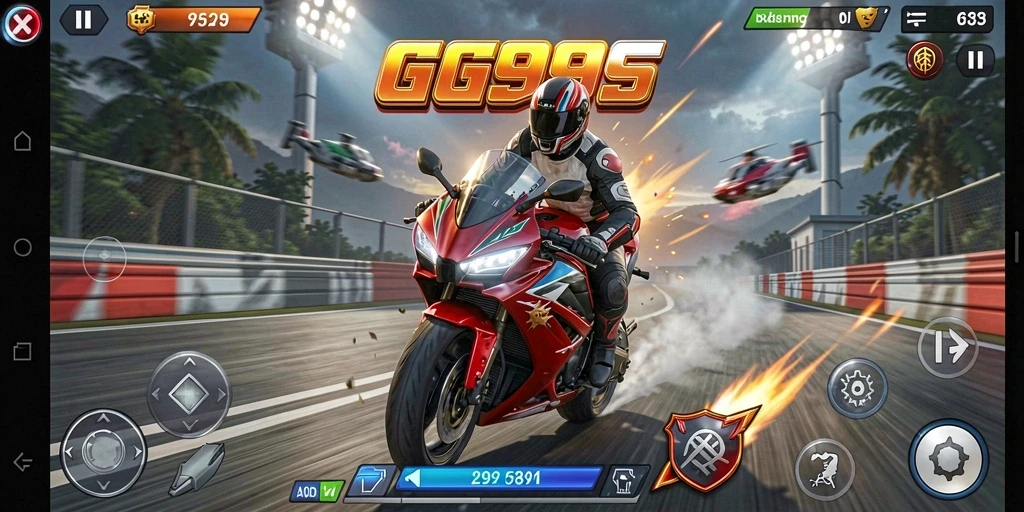 Screenshot GG999 menampilkan aksi balapan motor yang mendebarkan.