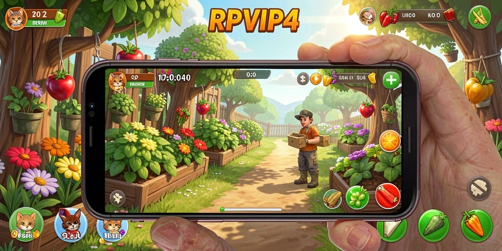 Screenshot RPVIP4 menampilkan kebun yang indah dengan berbagai tanaman.