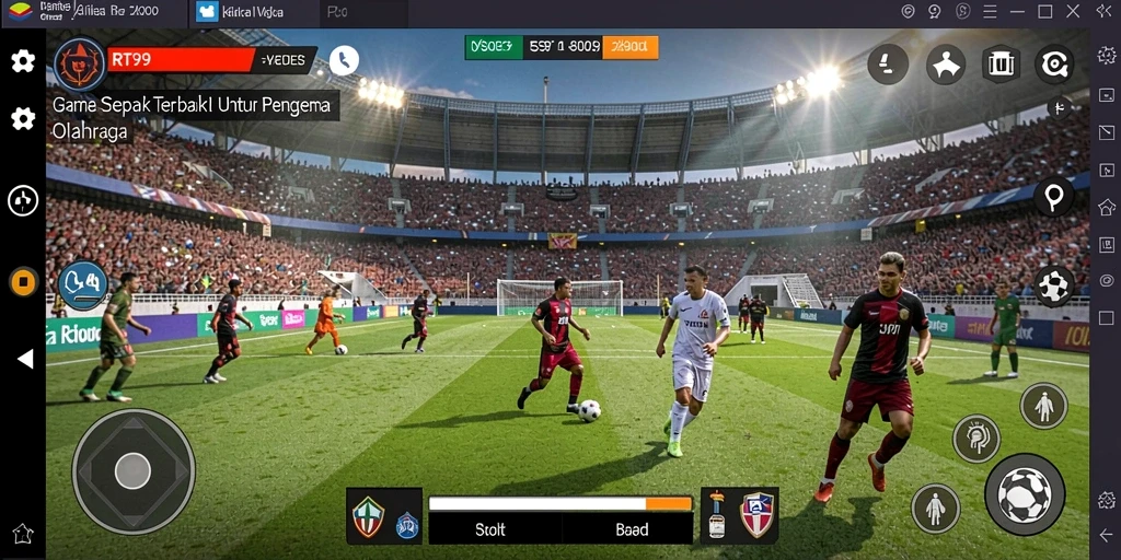 Screenshot utama RT99 menampilkan aksi seru dalam permainan sepak bola.