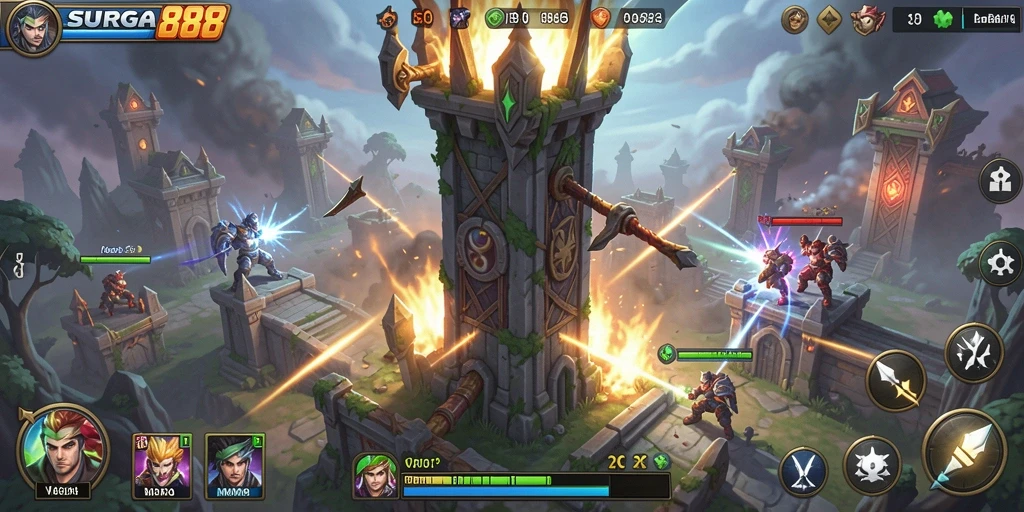 Tampilan gameplay menegangkan di SURGA88 dengan aksi Tower Defense.